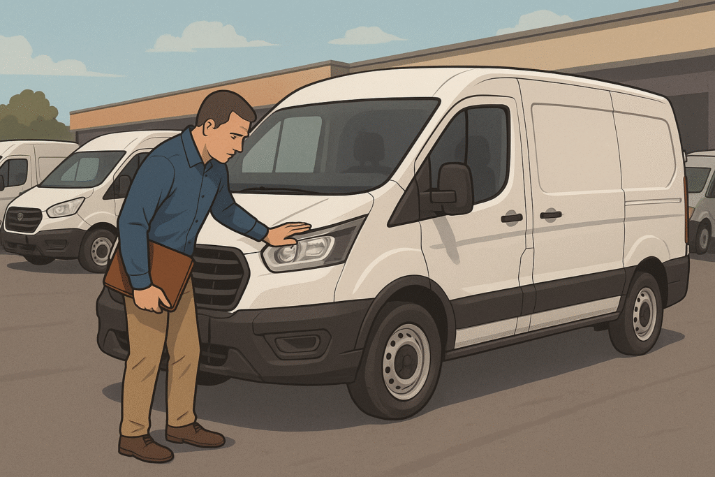 Illustration of a man inspecting a white van in a parking lot.