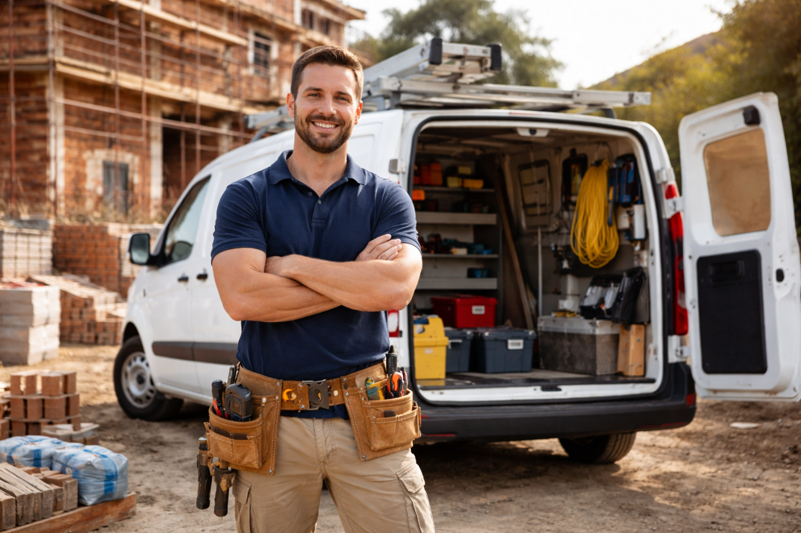 Professional tradesman standing in front of fully equipped work van at residential construction site