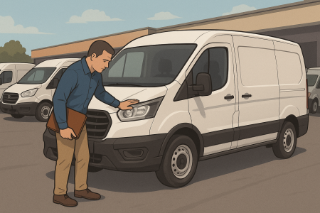 Illustration of a man inspecting a white van in a parking lot.