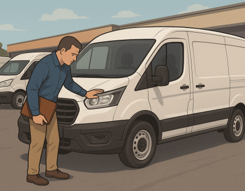 Illustration of a man inspecting a white van in a parking lot.