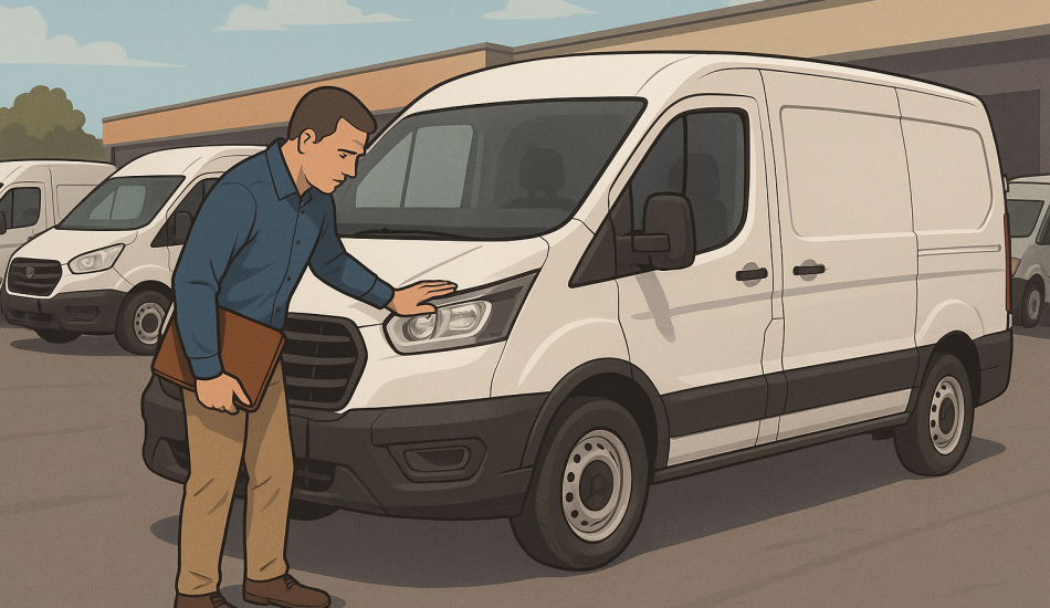 Illustration of a man inspecting a white van in a parking lot.