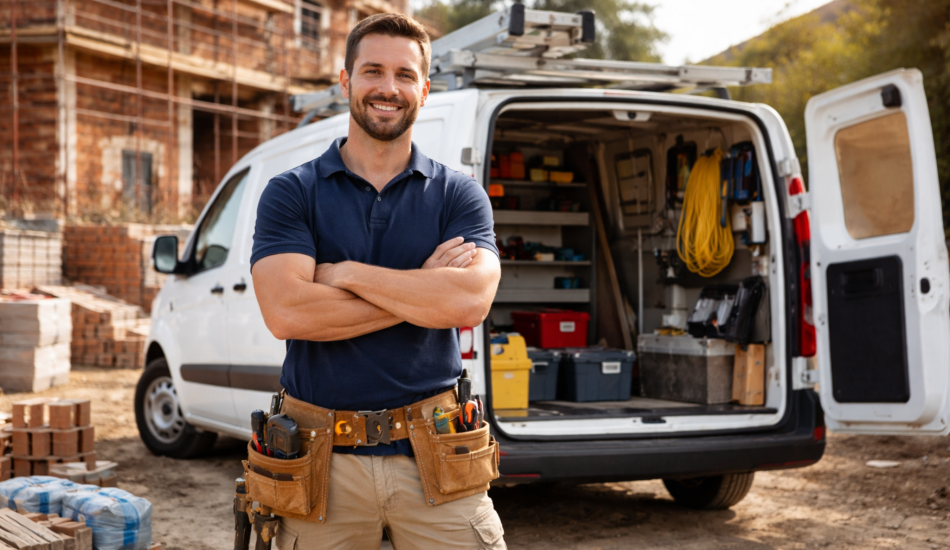Professional tradesman standing in front of fully equipped work van at residential construction site