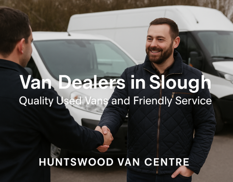 Two men shaking hands at a used van dealership in Slough with vans in the background and text promoting Huntswood Van Centre