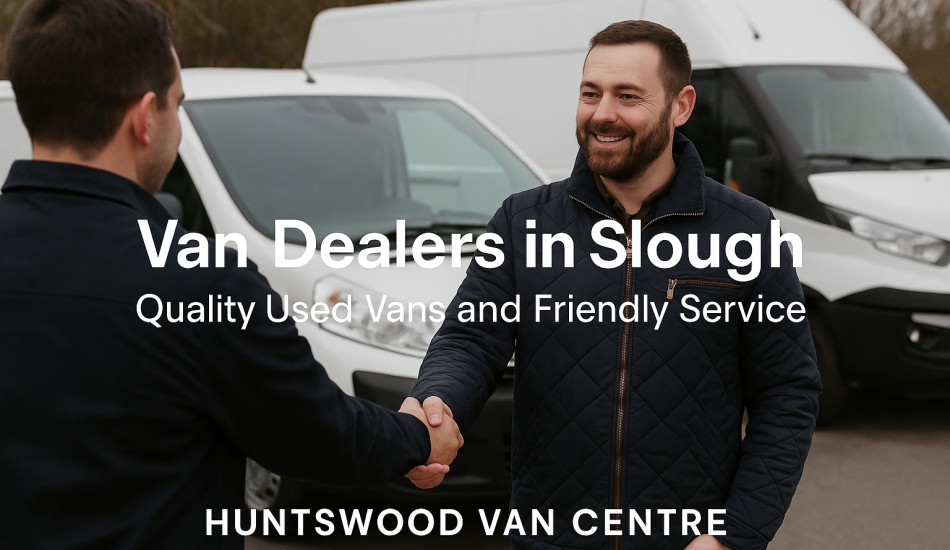 Two men shaking hands at a used van dealership in Slough with vans in the background and text promoting Huntswood Van Centre